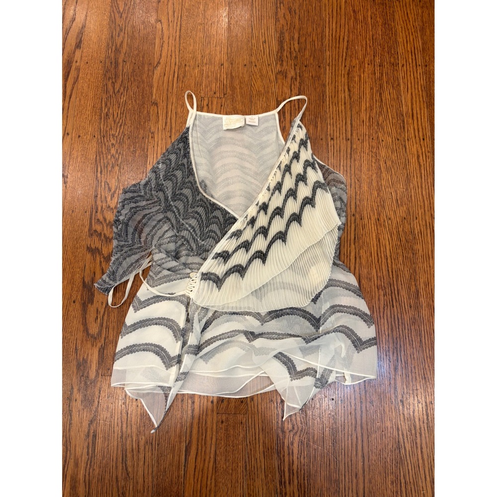 Falls Silk Wrap Tank Top S Ivory Gray Pleated Ruffle Sheer Romantic Fairycore